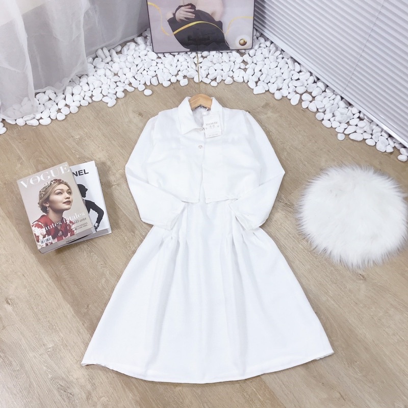 [ 𝐅𝐑𝐄𝐄 𝐒𝐇𝐈𝐏 ] SET ĐẦM CHIẾT EO TRẮNG MIX KHOÁC CROPTOP CÀI NÚT