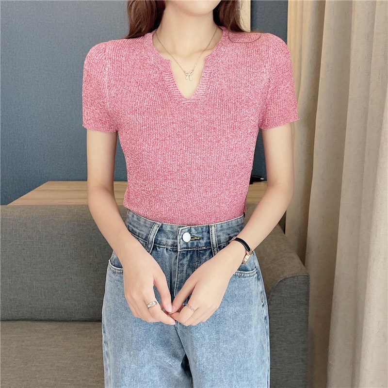 Áo croptop len tăm dệt kim nữ tay ngắn cổ v polo phong cách Hàn Quốc New Arival