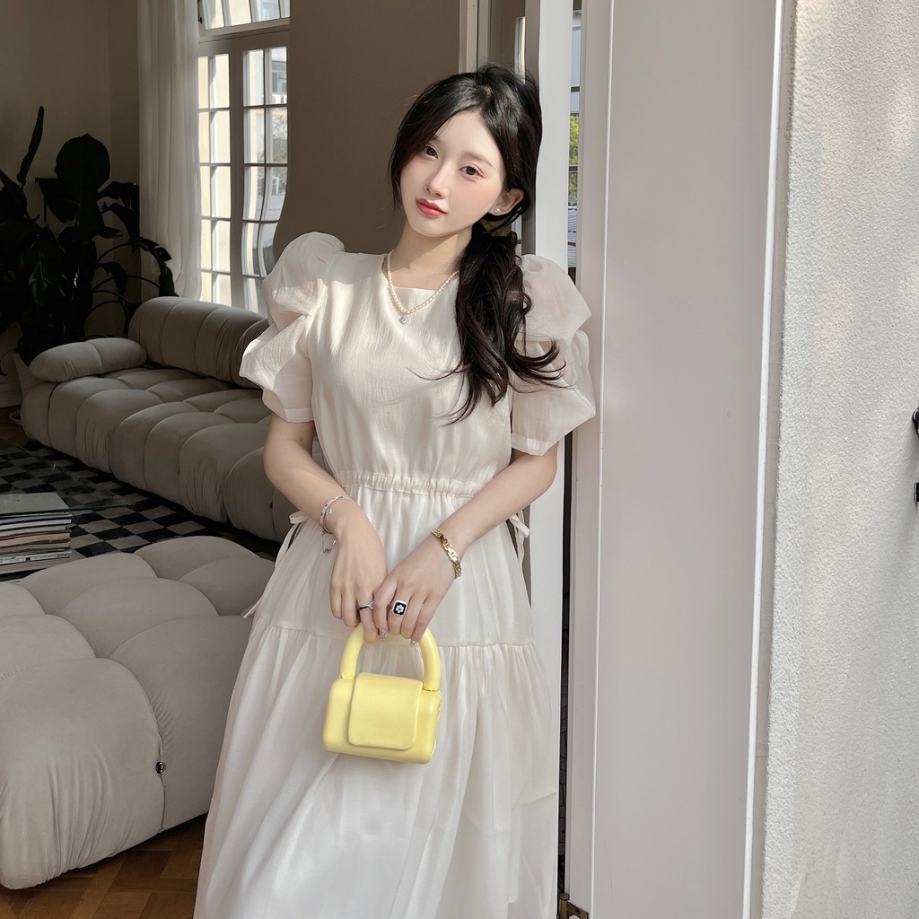 Đầm Tay Phồng Cổ Tròn Lưng Cao Dáng Ôm Thời Trang Pháp Xinh Xắn Cho Nữ