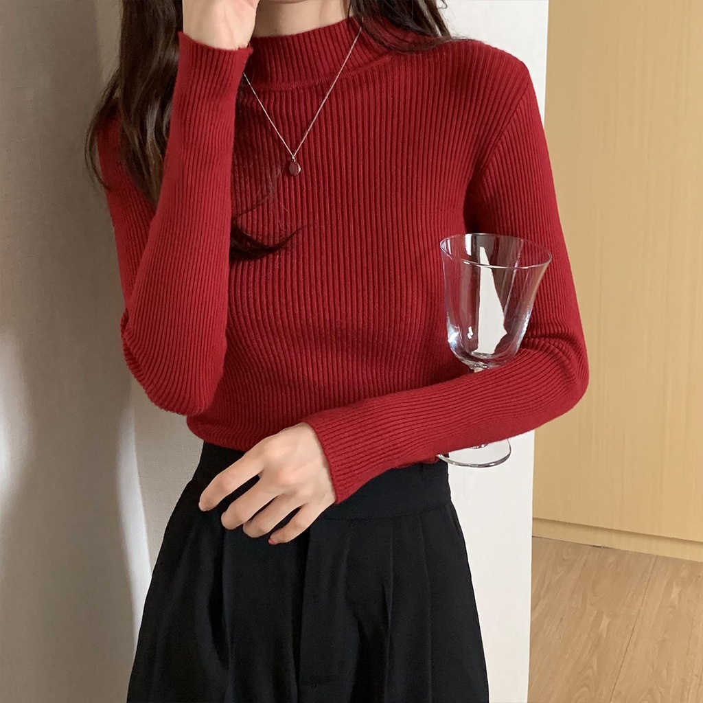 Áo Dệt Kim Tay Dài Cổ Cao Màu Sắc Đơn Giản Cho Nữ