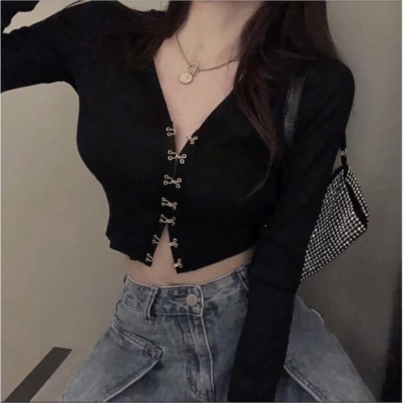Áo croptop kiểu nữ tay dài ôm sát body thun gân cúp ngực trơn đen - Order taobao quảng châu