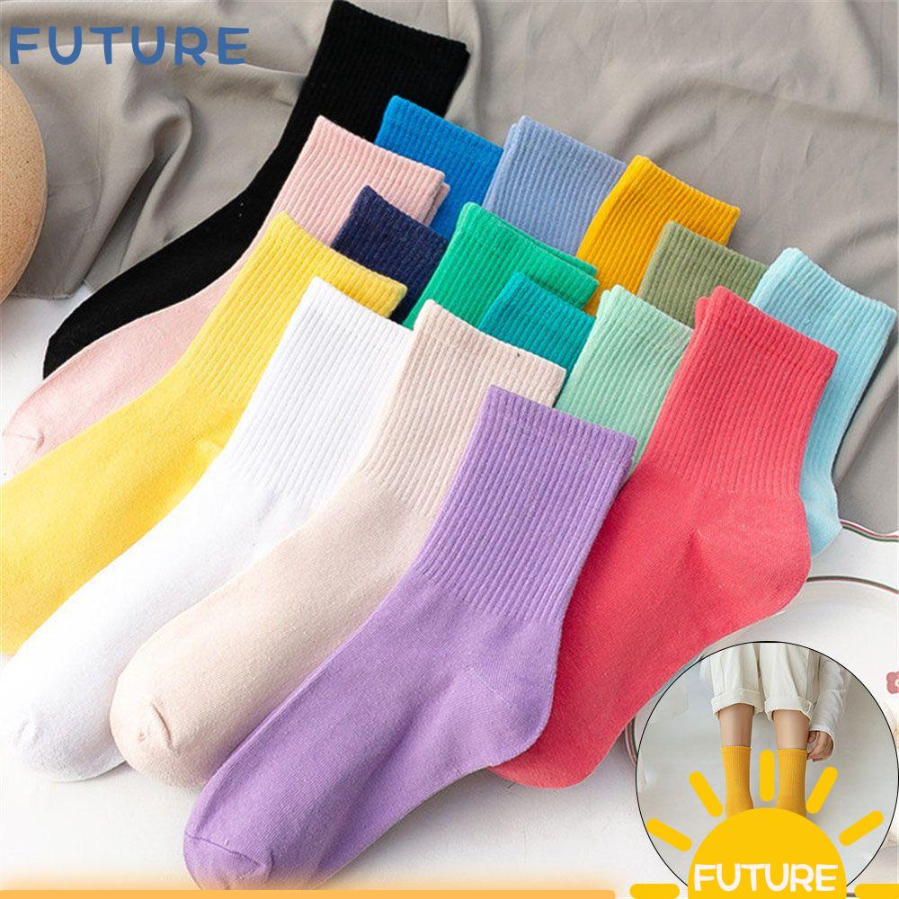 Vớ Cotton Thể Thao Màu Trơn Thoải Mái Thoáng Khí Nhiều Màu Sắc Phong Cách Harajuku Cho Nữ