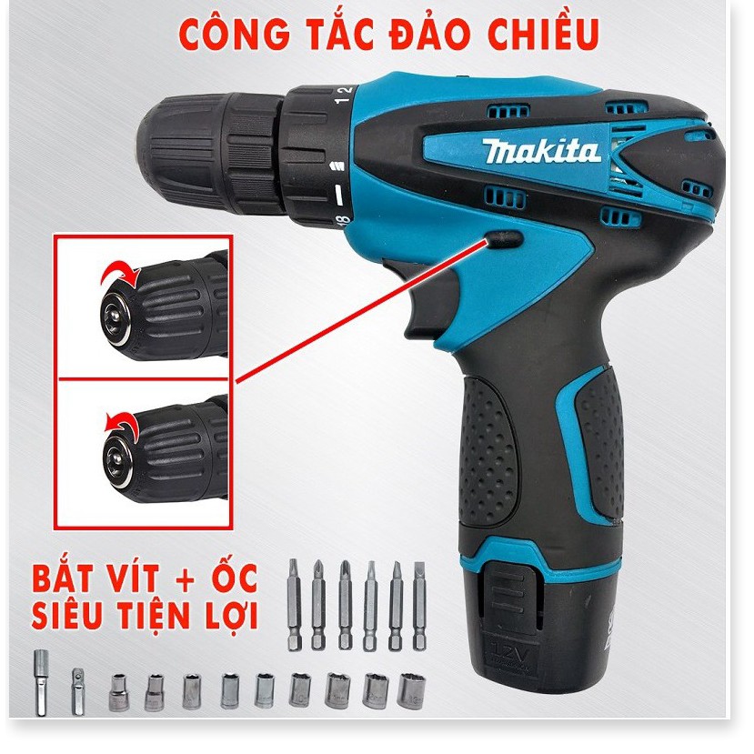 [Chính Hãng] Máy khoan pin makita 12V – KHOAN – BẮT VÍT – VẶN ỐC tặng kèm hộp 24 chi tiết