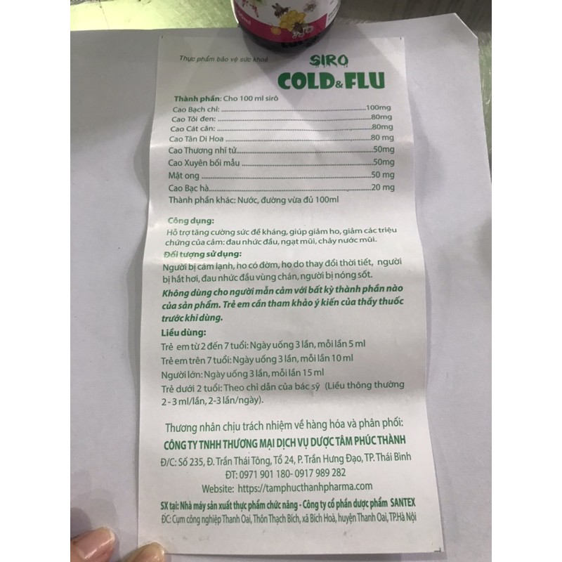 Siro Cảm Cúm  COLD & FLU - Bổ Phế, giảm Ho , Long Đờm