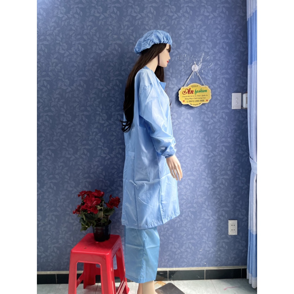 Áo Blouse phòng sạch chống tĩnh điện màu xanh gài nút dùng trong phòng lab _ Hình chụp thật