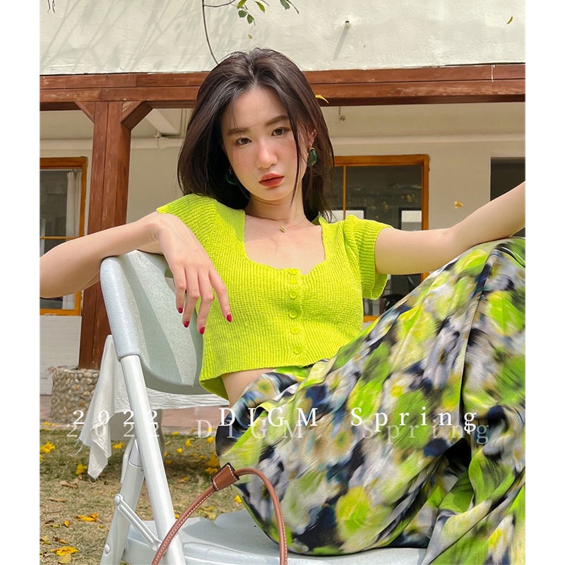 Áo dệt kim COZOKC ngắn tay cổ vuông phong cách cổ điển