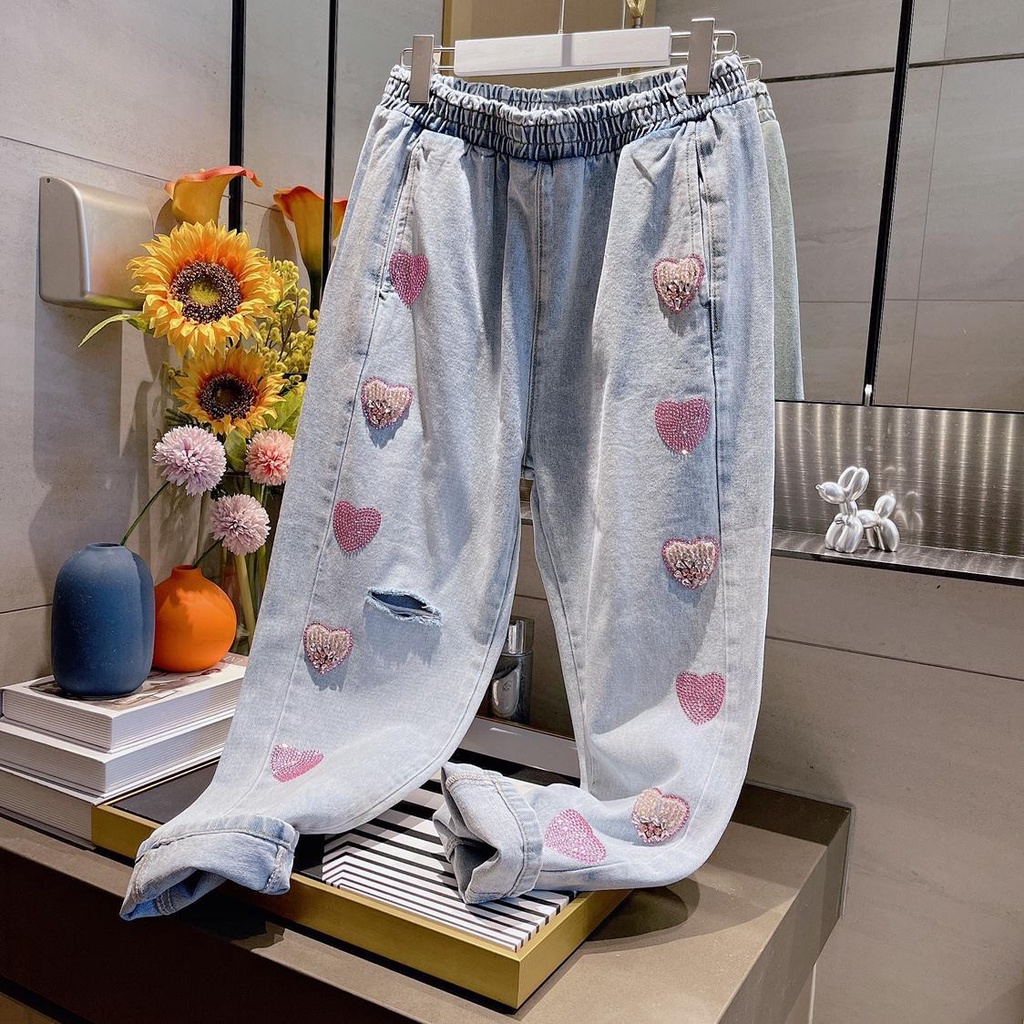 European 2022 spring new heavy industry nail bead love hole water washing light blue loose waist covering meat all kinds of daddy trousers