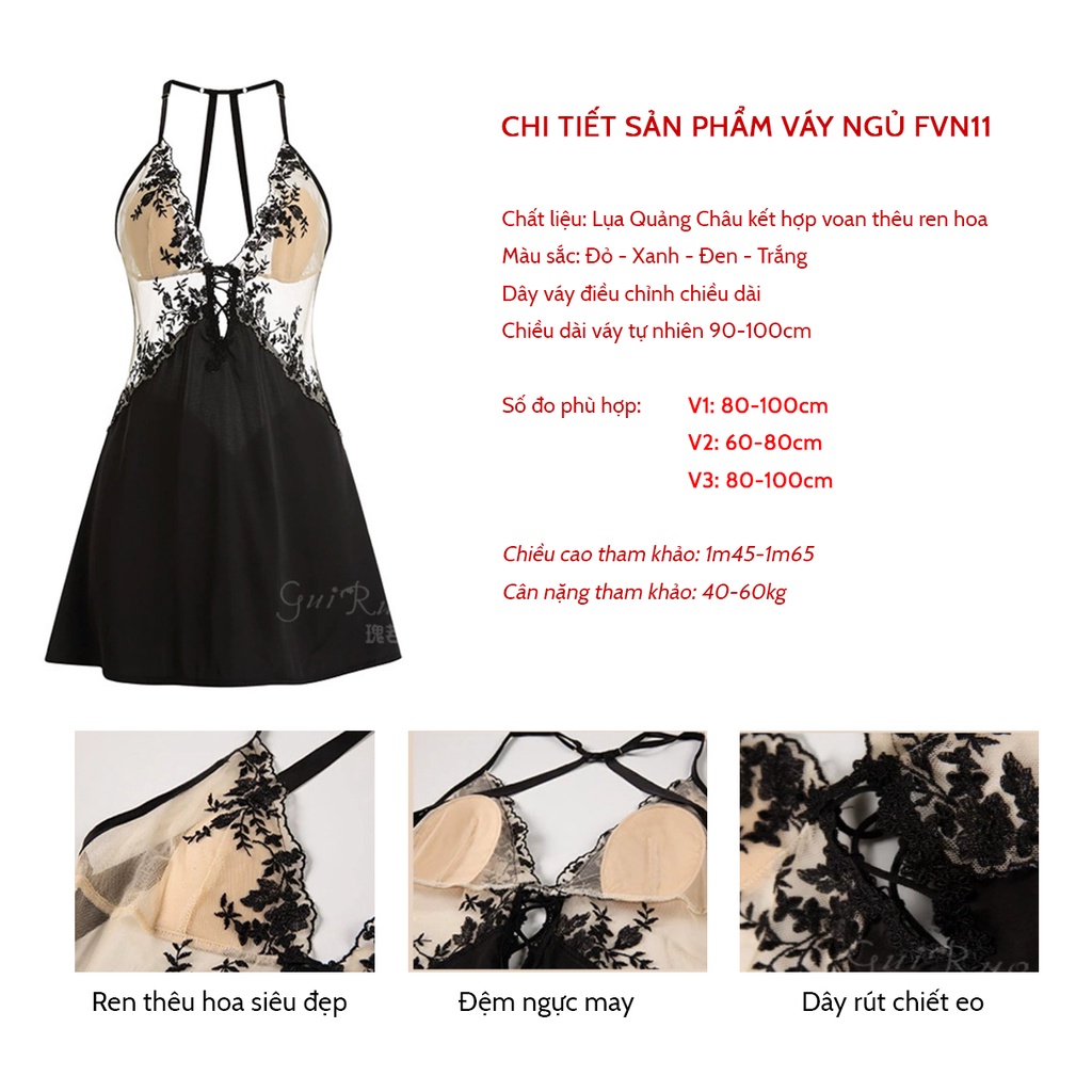 Váy ngủ lụa Quảng Châu phối ren thêu hoa tuyệt đẹp, đệm ngực liền, dây váy điều chỉnh HAVANA FVN11