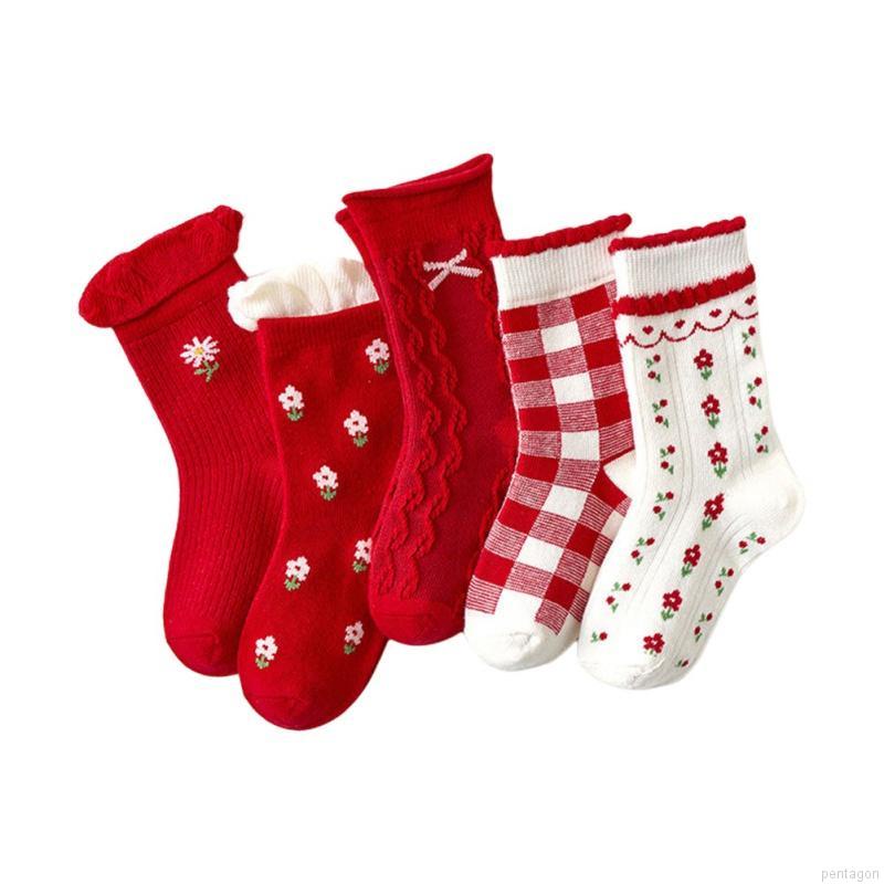 Set 5 đôi tất cotton mềm mại thoáng khí in họa tiết hoa và ca rô xinh xắn cho bé gái 1-12 tuổi