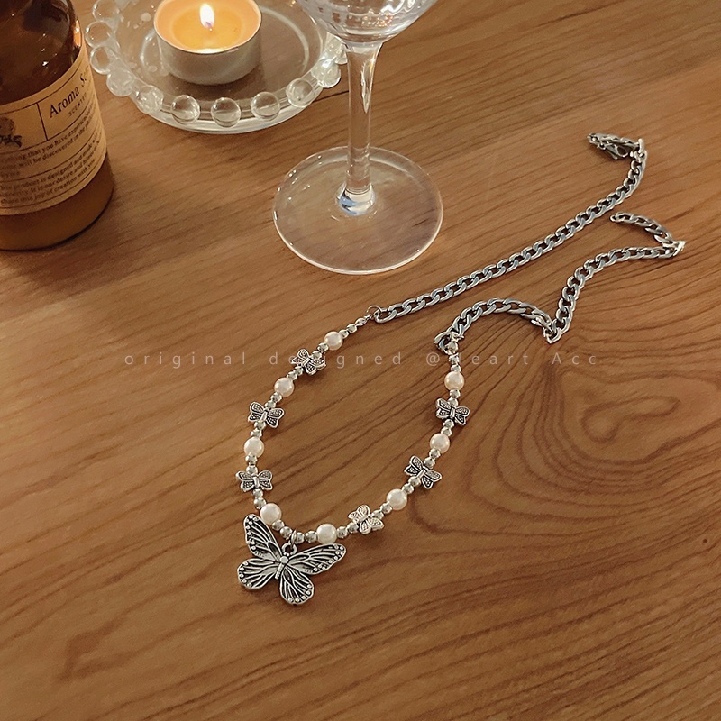 Vòng cổ Thép Titan Mặt Hình Bướm Đính Ngọc Trai Phong Cách Hip Hop