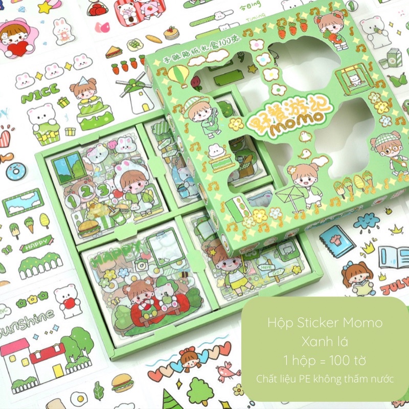 Hộp 100 tờ stickers PVC kháng nước/sticker giấy dễ thương siêu xinh