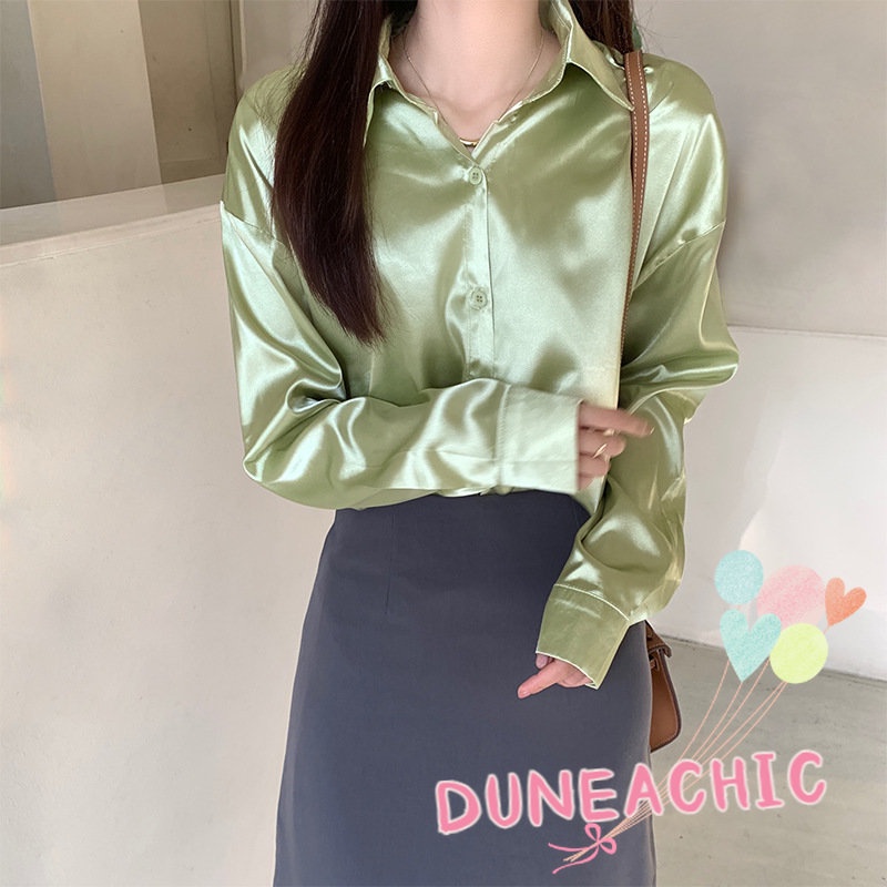 DUNEA Áo Sơ Mi Vải Satin Tay Dài Dáng Rộng 7 Màu Lựa Chọn Cho Nữ