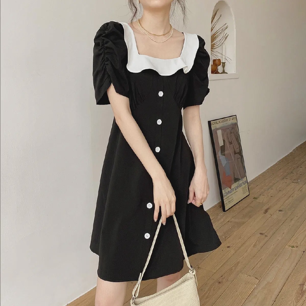 Đầm Nữ Ngắn Tay Cổ Vuông Eo Thắt Dây Thời Trang Xinh Xắn