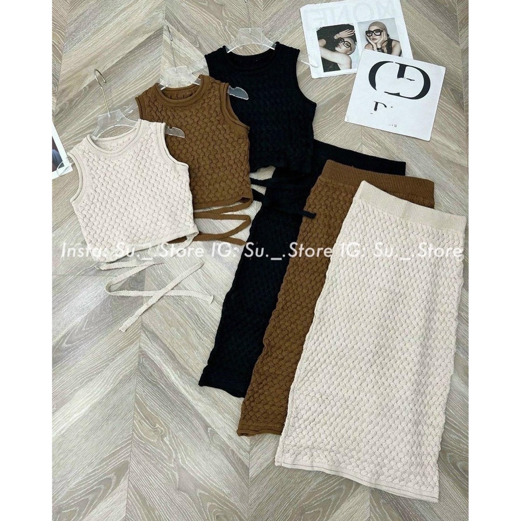 Set áo len thừng sát vai dây buộc kèm chân váy dáng dài S404 SUSTORE