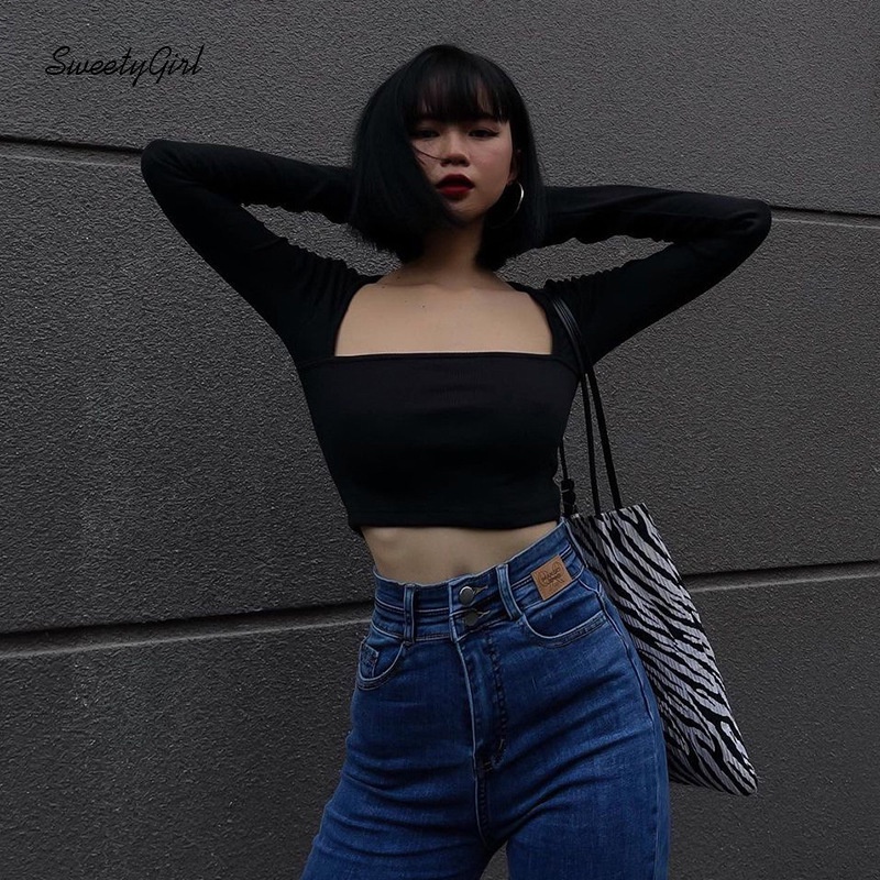 Áo Croptop Cổ Vuông Tay Dài Màu Trơn Thời Trang 2022 Quyến Rũ Cho Nữ