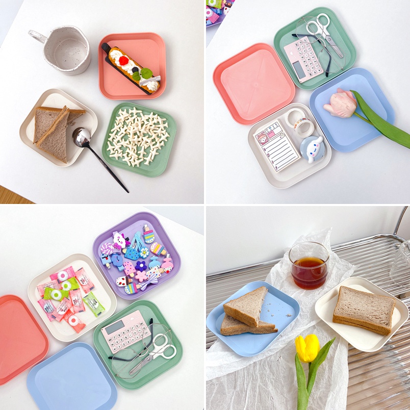 Khay Đựng Đồ Ăn Vặt/ Snack Hình Vuông Màu Trơn Chất Liệu Rơm Lúa Mì