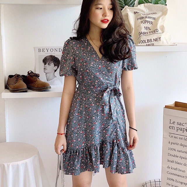 [Mã FAGREEN1505 giảm tới 30K đơn 99K] ĐẦM HOA NHÍ XANH ĐẮP CHÉO CỘT EO ( KÈM ẢNH THẬT)