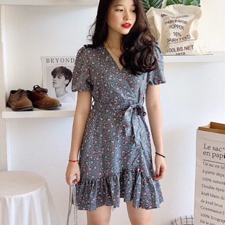 ĐẦM HOA NHÍ XANH ĐẮP CHÉO CỘT EO ( KÈM ẢNH THẬT)