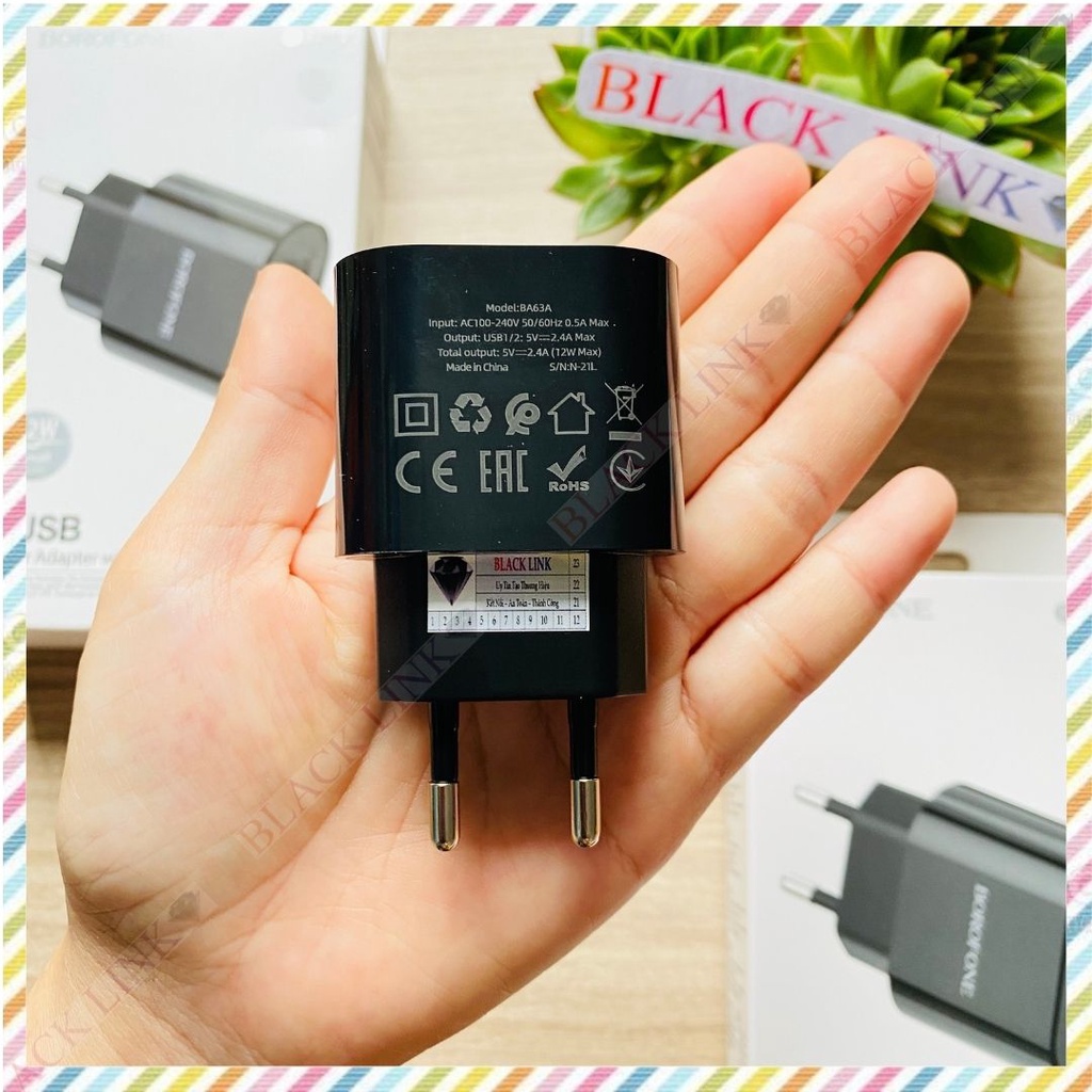 Củ Sạc 2.4A BOROFONE BA63A 2 Cổng USB Đèn Led Điện Thoại Máy Tính Bảng Cốc Sạc Nhanh Pin Dự Phòng Tai Nghe Bluetooth I12