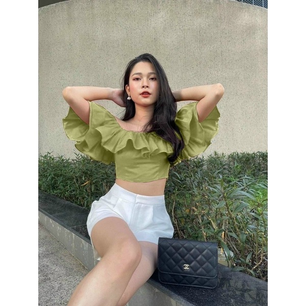 áo trễ vai bèo tay phồng croptop dễ thương