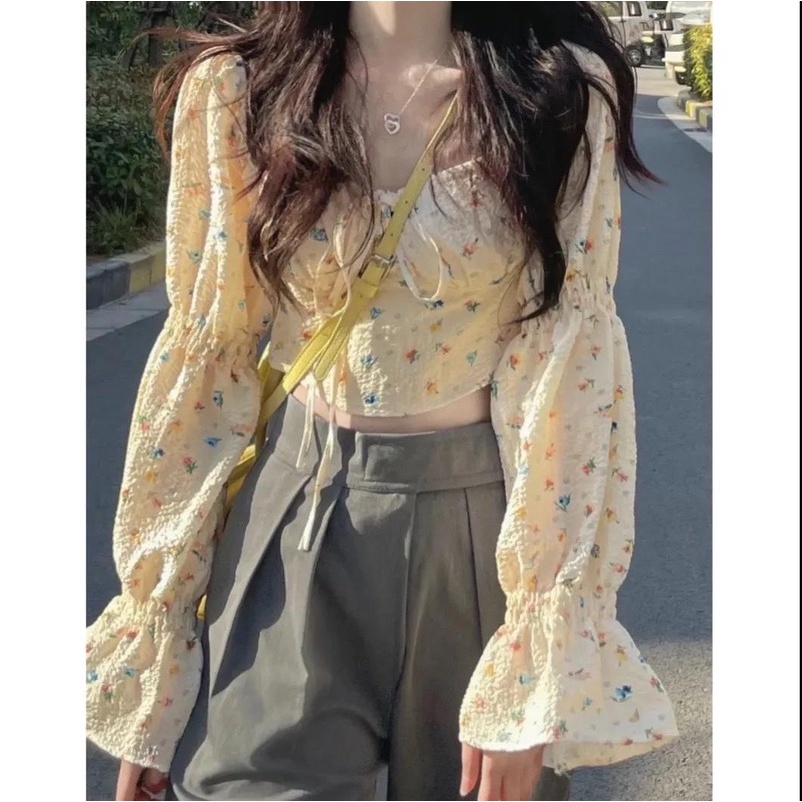 Áo Sơ Mi Ngắn Dáng Ôm In Hoa Kiểu Pháp Thời Trang Xuân Hè 2022 Mới