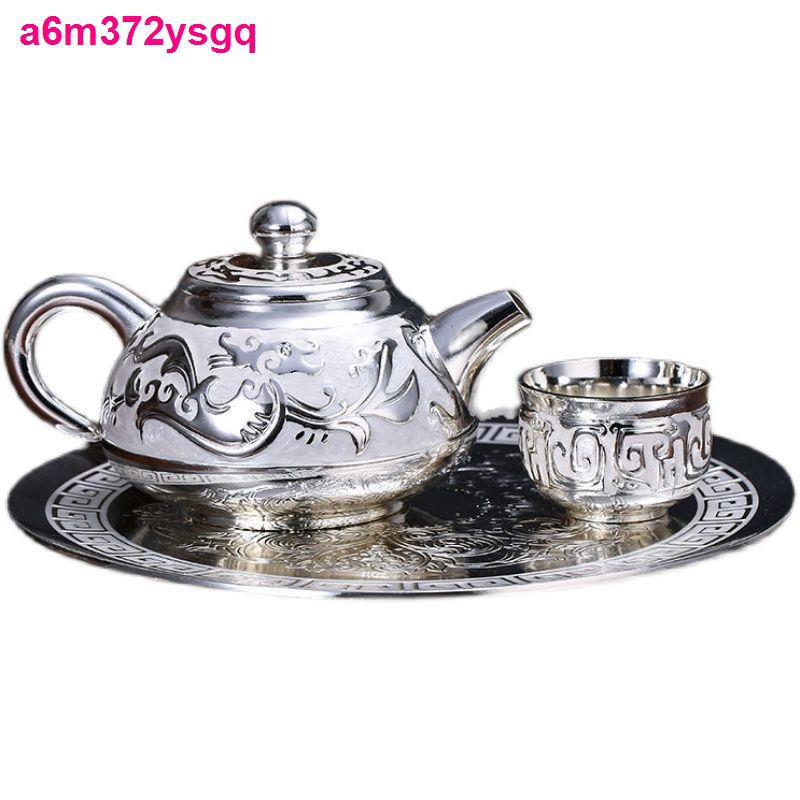 Totem rồng, bộ ấm trà bạc s999 phong cách Trung Quốc, rượu, khay, ấm, retro Châu Âu, quà tặng dịp lễ