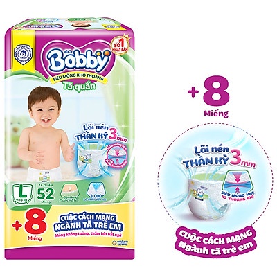 Tã Quần Bobby Đệm thấm lưng mồ hôi size L52 miếng dành cho bé 9-13kg