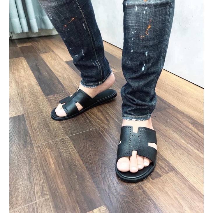 💥CHUẨN 1:1💥Dép lê Herme.s quai đen-Chữ H đế cam nhập khẩu_Dép HM quai ngang da thật đế gỗ hàng xuất khẩu FULLBOX