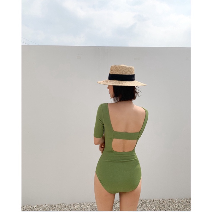 Bikini Basic nữ đồ bơi đi biển 1 mảnh LUHAZO liền thân tay ngắn hở lưng kín đáo che bụng 2598 DK5T201