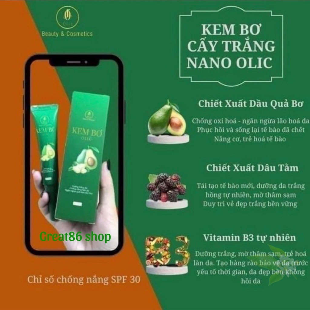 Kem bơ cấy trắng Nano Olic Great86shop kem bơ Olic chính hãng trắng da giảm thâm mụn nâng cơ da hộp 20ml