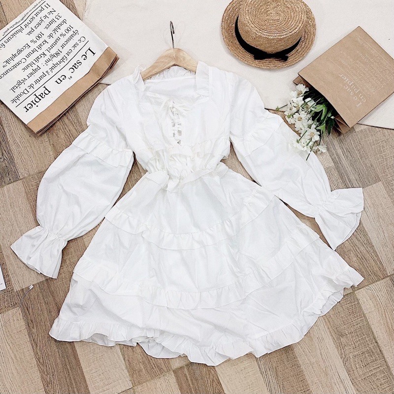 Đầm babydoll tay dài phối bèo trắng tiểu thư công chúa nhẹ nhàng