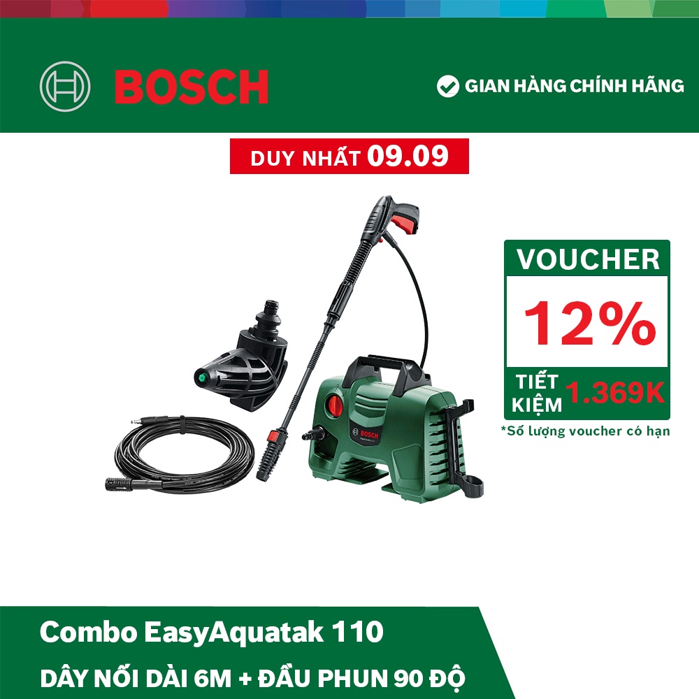 Combo Máy phun xịt rửa áp lực cao Bosch Easy Aquatak 110 + Dây nối dài 6m + Đầu phun 90 độ