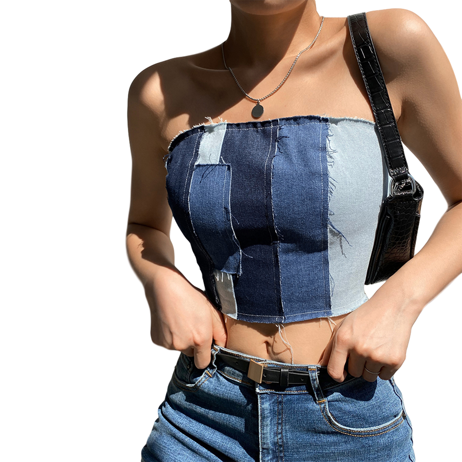 Áo croptop denim thiết kế dây đan chéo lưng thời trang dành cho nữ