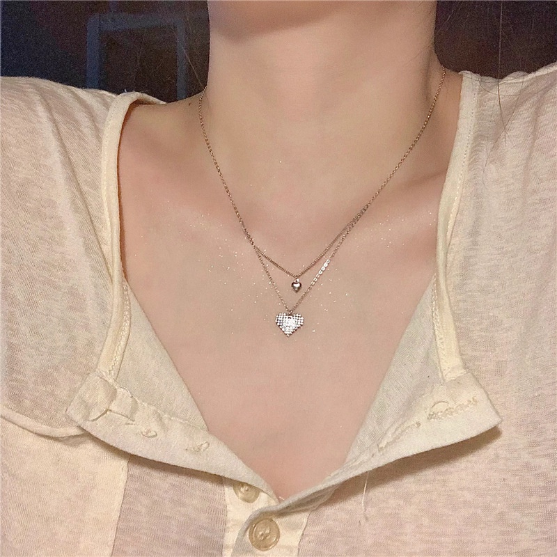 Vòng cổ Hai Lớp Bằng Thép Titan Mặt Hình Trái Tim Thời Trang Hàn Quốc