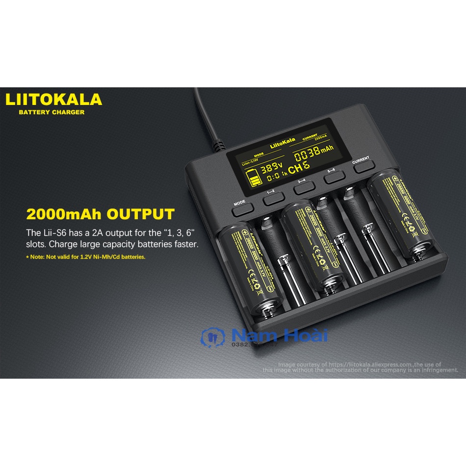 Bộ sạc pin LiitoKala lii-S6 18650 tự động 6 ngăn cho 18650 26650 21700 14500,10440 AA, AAA...