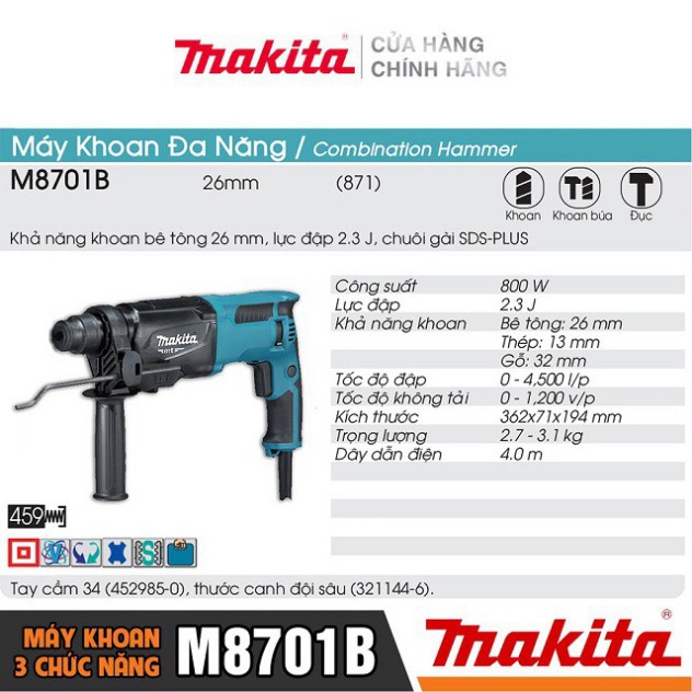 [Chính Hãng] Máy Khoan Búa 3 Chức Năng Makita M8701B (800W-26MM), Bảo Hành Tại Các TTBH Toàn Quốc