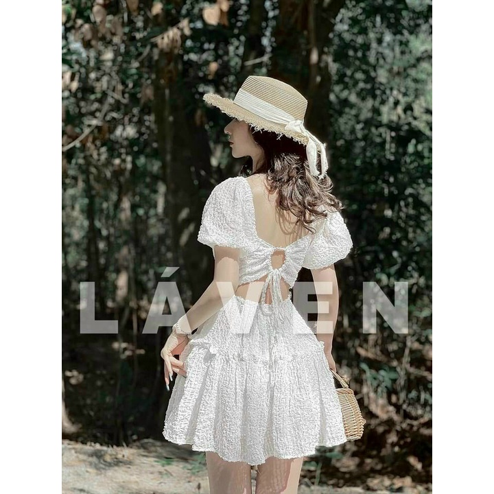 Đầm xòe cổ vuông đi tiệc sang chảnh, váy xòe công chúa tay ngắn cột dây lưng