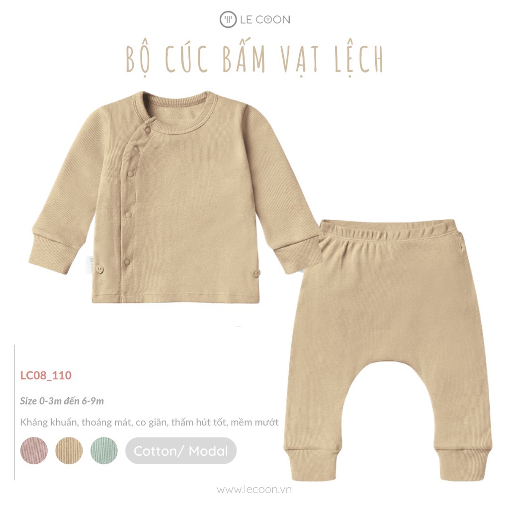 LECOON- Bộ cúc bấm vạt lệch Lecoon LC08110 cho bé trai bé gái từ 0 tháng đến 9 tháng