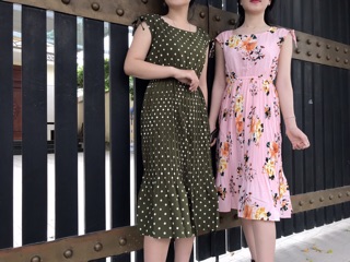 Đầm maxi xếp ly hoa, nhúng eo, thắt nơ vai