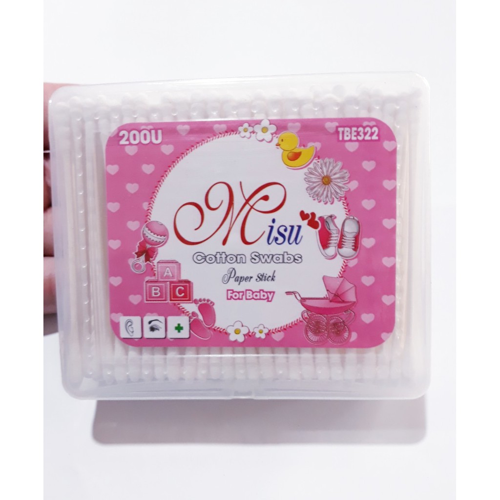 Tăm Bông Misu Trẻ Em Cán Giấy Hộp 200 Que ( Đầu bông tăm nhỏ)
