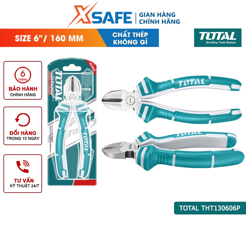 Kìm cắt dây điện TOTAL THT130606P Kích cỡ 6&quot;/160mm thép CR-V, tay cầm cách điện, bọc cao su chống trơn
