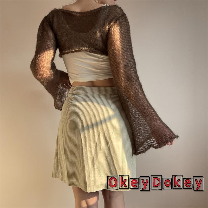 Áo Crop Top Tay Dài Cổ Tròn Màu Trơn Xuyên Thấu Cho Nữ