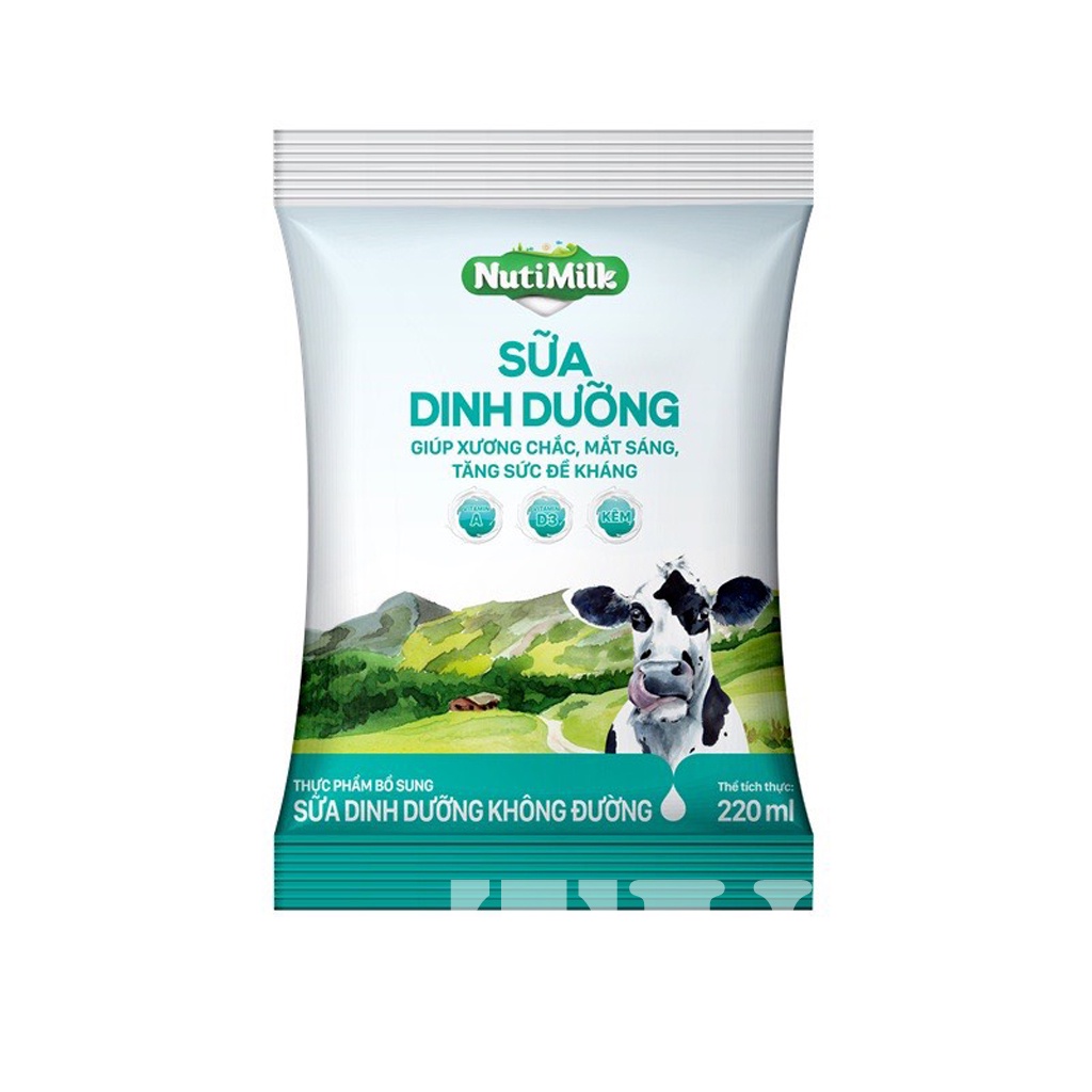 Thùng 48 Bịch NutiMilk Sữa tươi 100 điểm KHÔNG đường 220ml/bịch-TUH