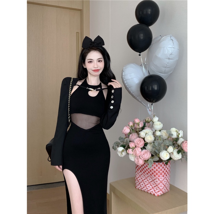Set lưới xuyên thấu hàn quốc hot girl đầm sát nách đen ôm body tôn dáng khoét lỗ lưng ngực sexy hở đùi vai + áo tay dài