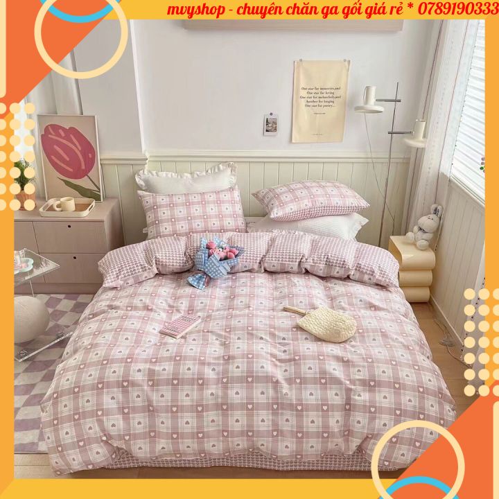 Ga gối cotton living, chăn ga gối cotton hàng nhập cao cấp 4 món vỏ chăn ga và vỏ gối mềm mịn
