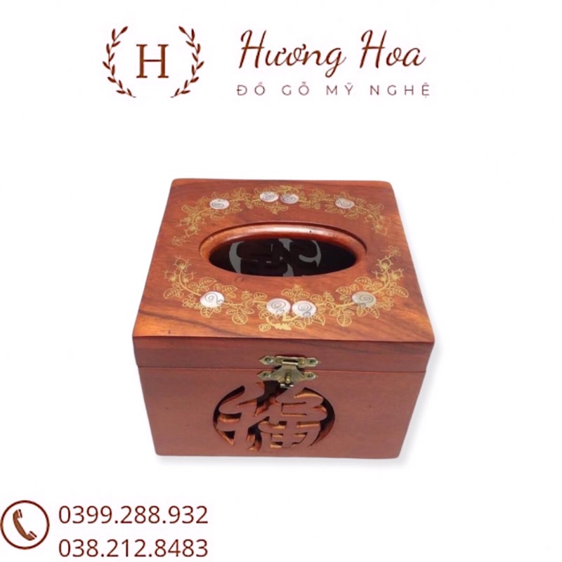 Hộp Đựng Giấy Ăn Vuông Gỗ Hương Khảm Trai Hoa Văn Cao Cấp