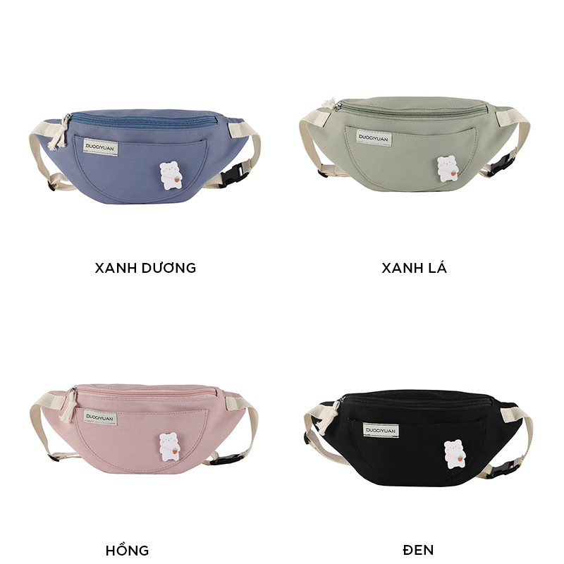 Túi bao tử vải vanvas đeo chéo trơn mềm đi học đẹp giá rẻ đính họa tiết chú gấu dễ thương