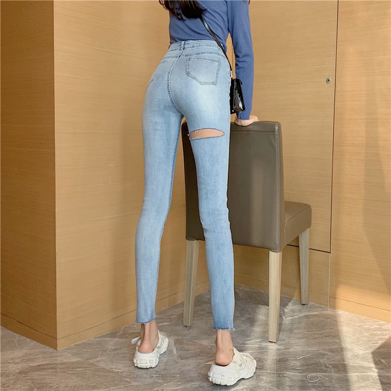 Quần Jeans Nữ Cạp Cao Dáng Ôm Rách Nhẹ - Emilyshop