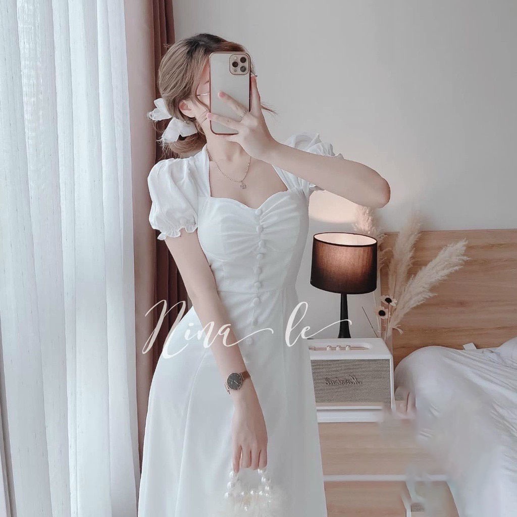 [HCM] Đầm Nữ Dự Tiệc Đũi Nhăn Tay Bèo Phối Nút Bọc Thời Trang Nữ Sam Closet Free Size 40-55kg
