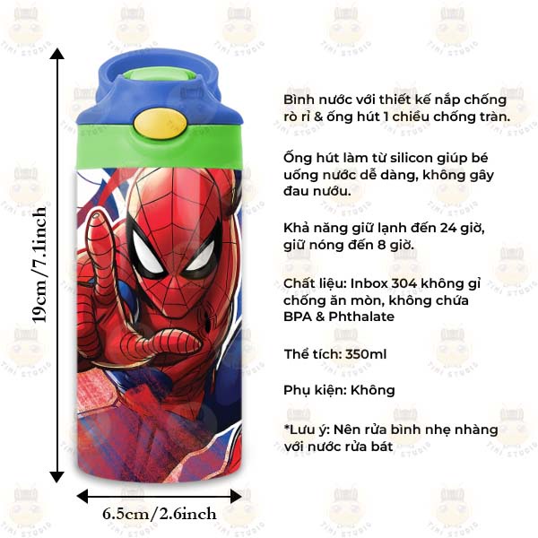 Bình Uống Nước Giữ Nhiệt Cho Bé Có Ống Hút Hình Spiderman Người Nhện - Tỉ Mỉ Studio - Mã 0707KT02
